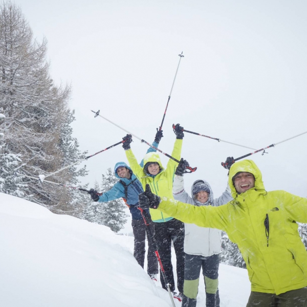 Having fun in the fresh snow - Private Snowshoe Tour Val Gardena - Dolomites - Catores