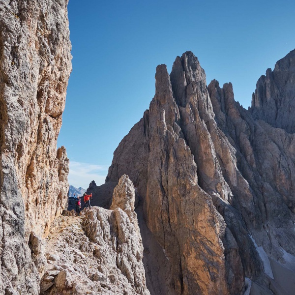 Cengia dei Fassani con le Cinque Dita sullo sfondo - Via Normale Sassolungo con una guida alpina locale - Catores